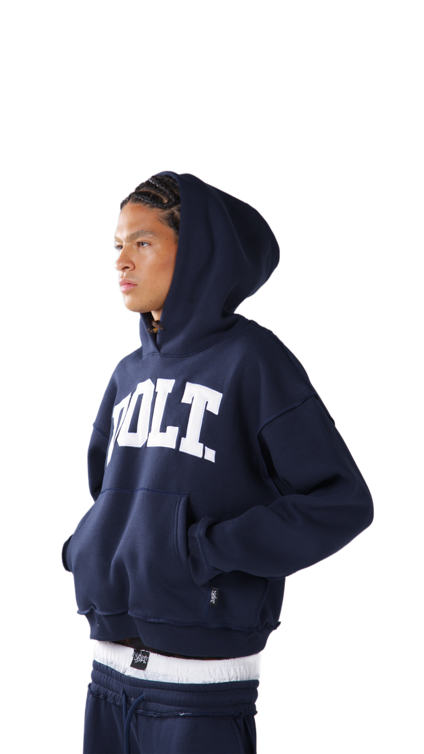 NAVY BLUE LEATHER HOODIE