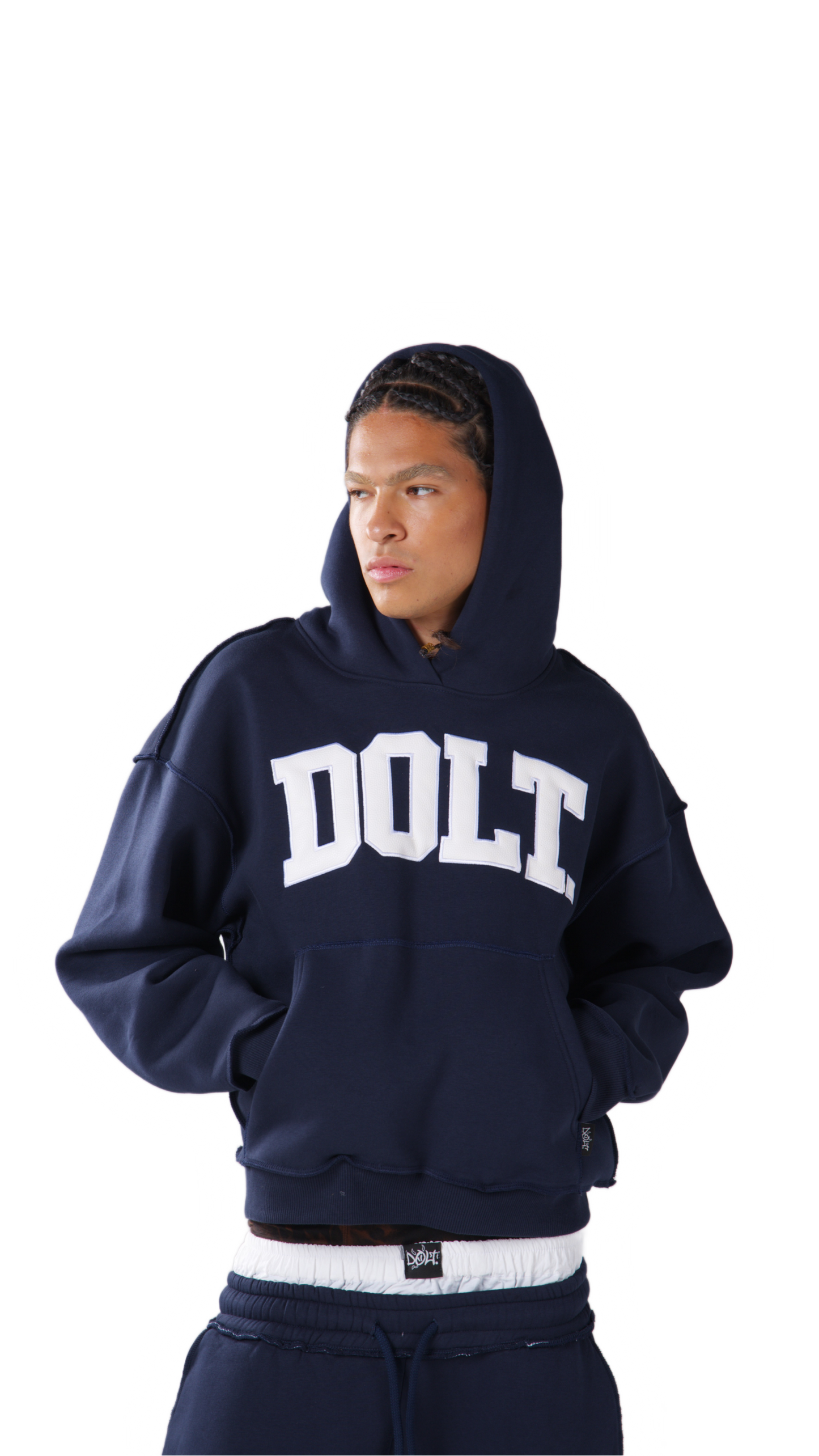 NAVY BLUE LEATHER HOODIE