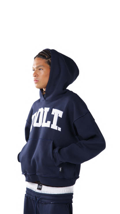 NAVY BLUE LEATHER HOODIE